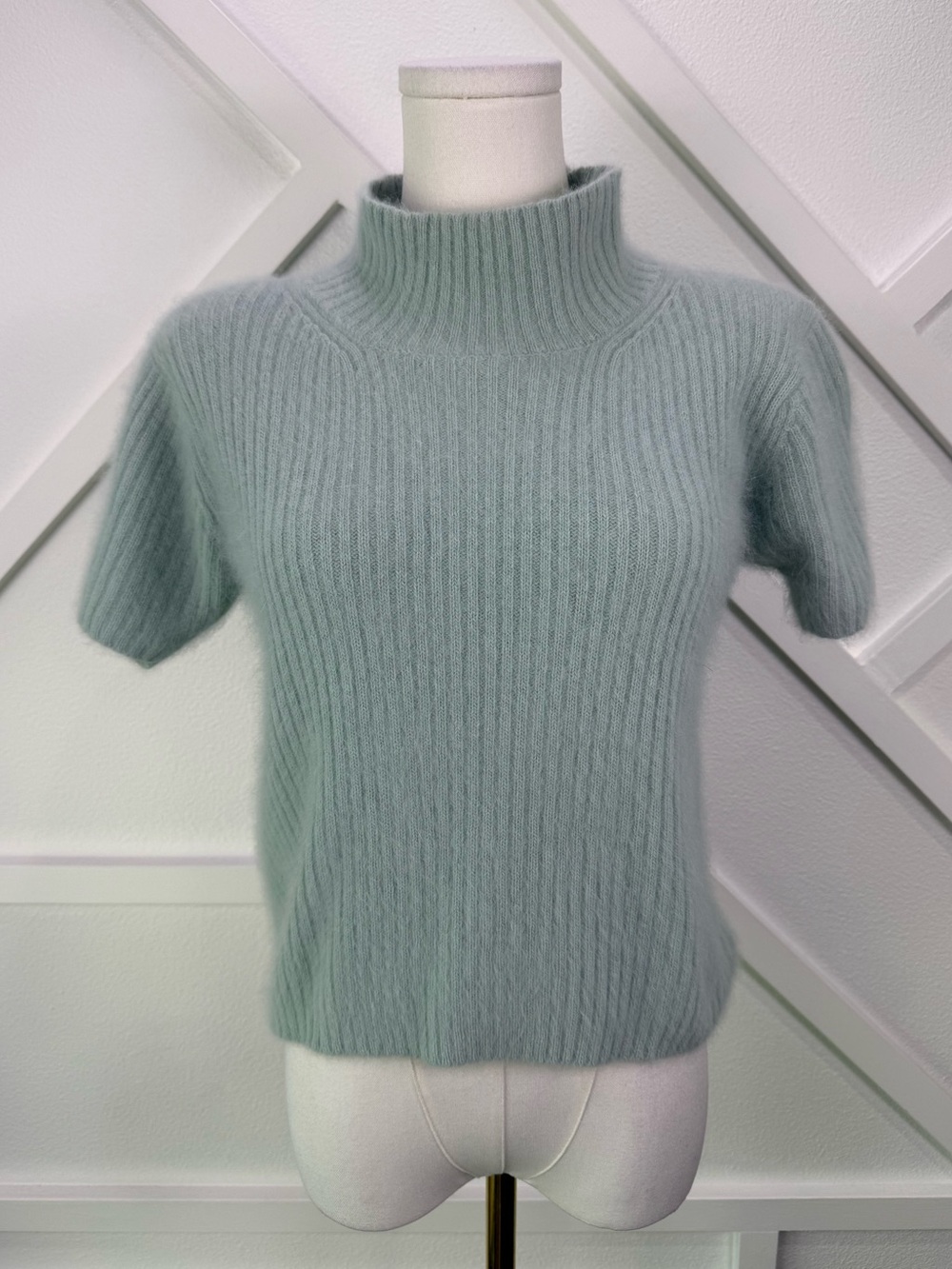Vintage Ellen Tracy Angora Rabbit Hair Ribbed Mock Neck Sweater Petite S Blue